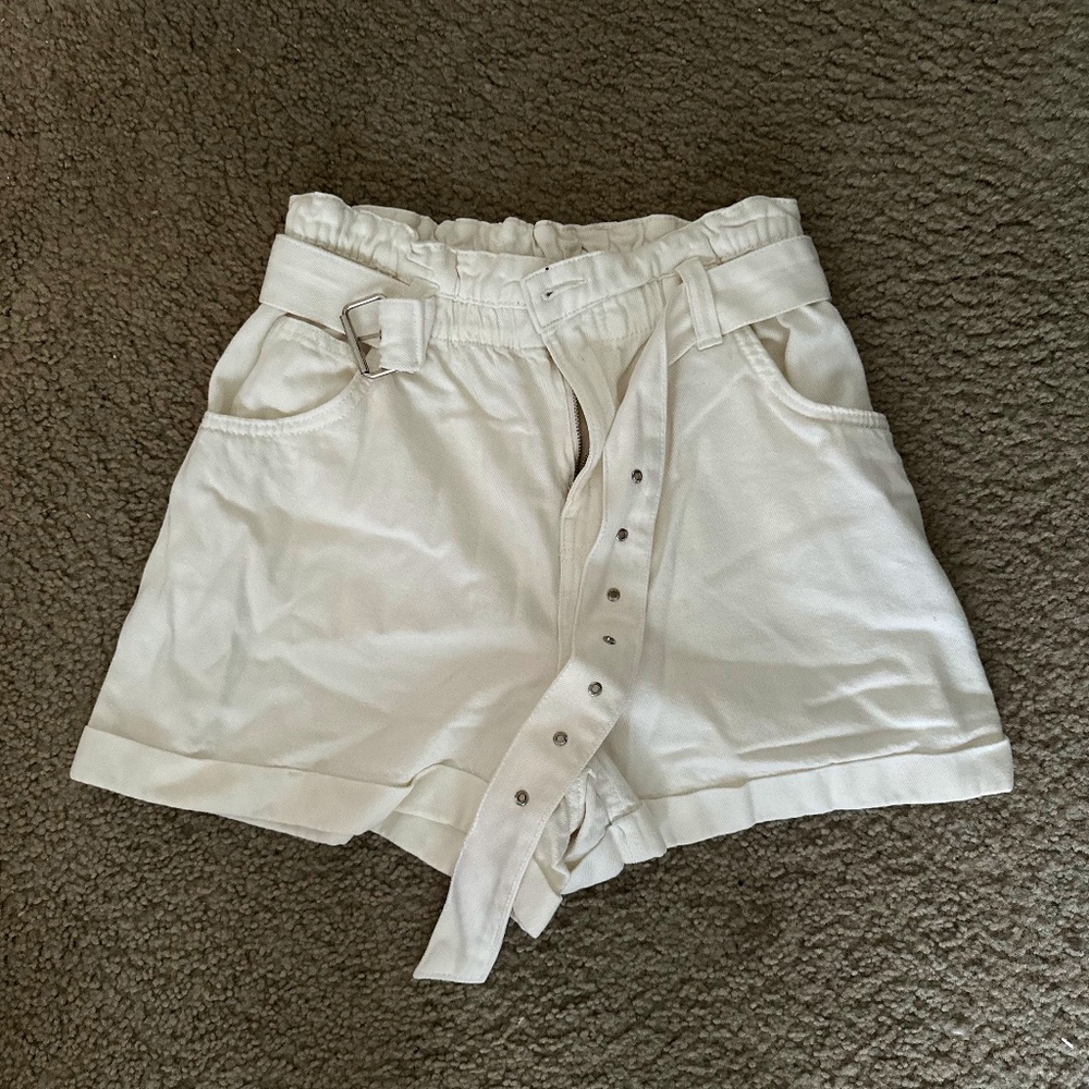 Bershka Cream Paperbag Belted Shorts